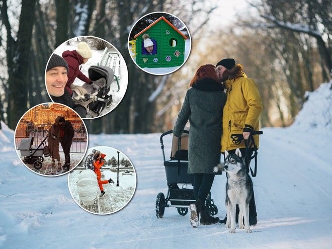 Зимние прогулки: звездные родители с новорожденными малышами Зимние прогулки: звездные родители с новорожденными малышами