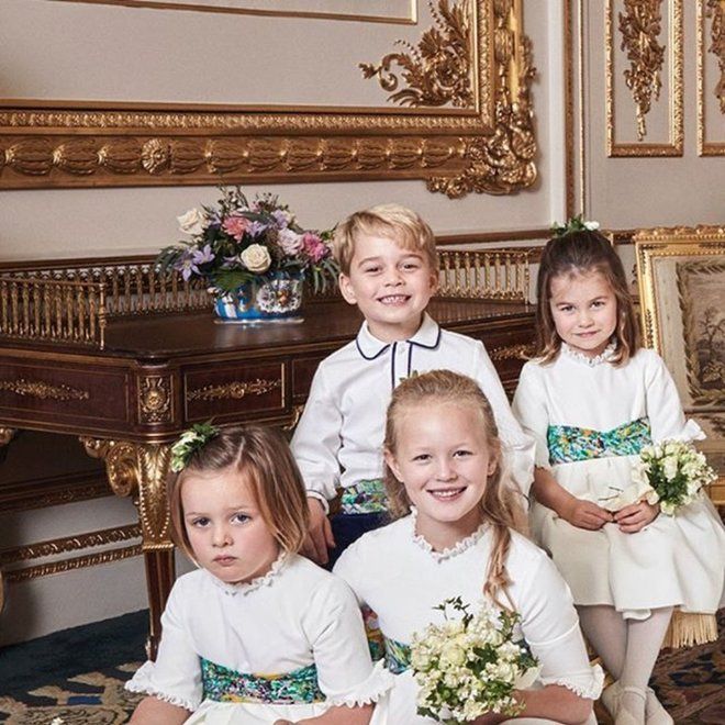 Мия Тиндалл, Саванна Филлипс, принц Джордж и принцесса Шарлотта на свадьбе принцессы Евгении